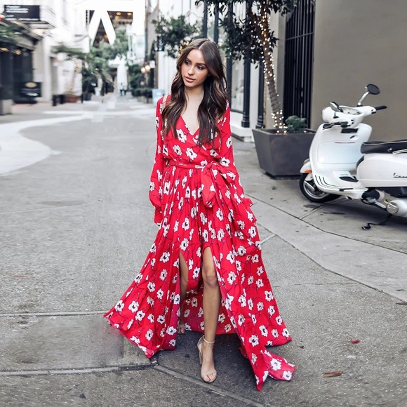 Red Maxi Poppy Dress with Slit - Picture 2 of 9